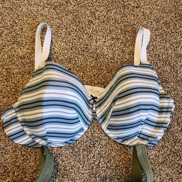 Lot Of 2 Cacique Bras Size 44D Green Polka Dot Blue White Striped Adjustable - Picture 3 of 8